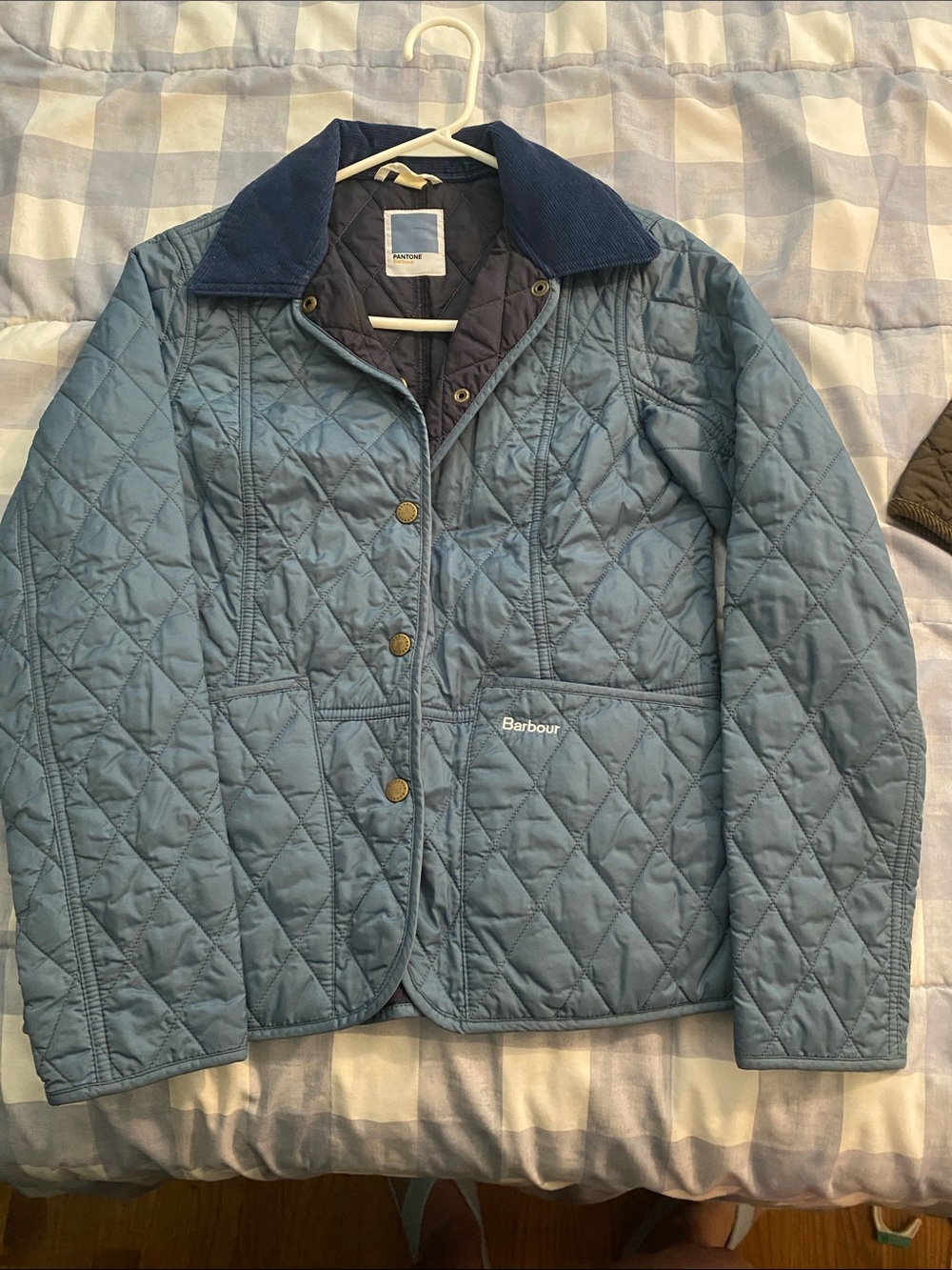 Barbour Quilted Light Blue Kids' Puffer Jacket with Navy Cord Collar